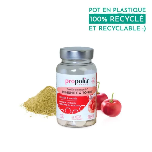 pot plastique recycle de 60 comprimes acerola et propolis pour immunite et tonus ingredient a cote du pot extrait de propolis et fruit acerola