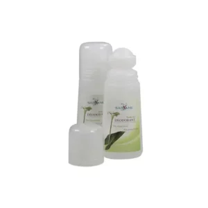 deodorant naturel en roll-on pierre alun dispose par deux un avec le bouchon ouvert pour voir application ideale le tout sur fond blanc