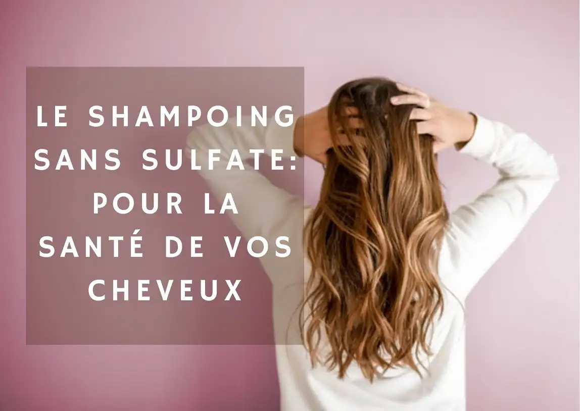 femme de dos les mains dans les cheveux assez long pour presenter les avantage du shampoing solide sans sulfates avec un petit texte sur image et un fond rose variant au violet
