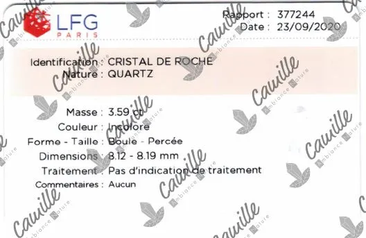 rapport authenticite pour le cristal de roche du laboratoire français de gemmologie