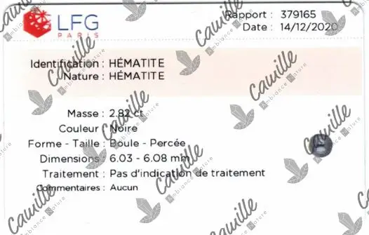 rapport authenticite hematite pour le bracelet 7 chakras du laboratoire français de gemmologie