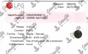 rapport authenticite pour bracelet obsidienne doree du laboratoire français de gemmologie