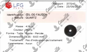 rapport authenticite pour bracelet œil de faucon du laboratoire français de gemmologie