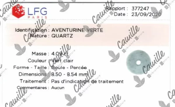 rapport authenticite pour bracelet aventurine verte du bresil du laboratoire français de gemmologie