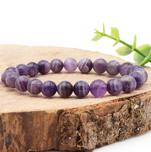 perle améthyste rubanée qualité AA 08MM. Pierre naturelle avec bande blanche bien dessiné