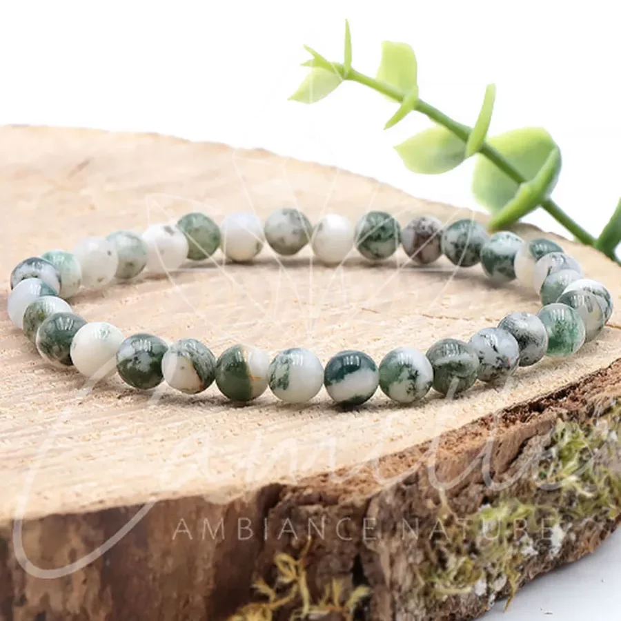 bracelet agate arbre 06mm pierre naturelle de couleur verte et blanche