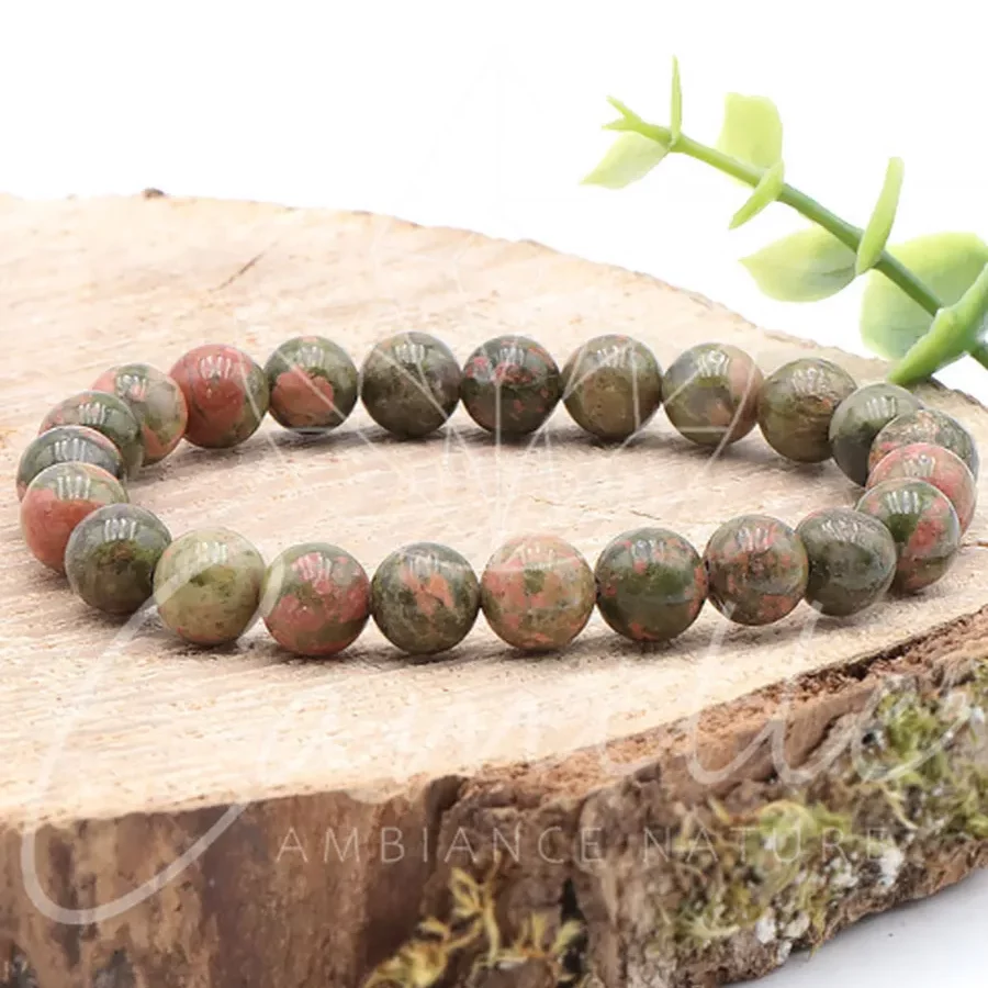 bracelet unakite 08mm pierre naturelle de couleur verte avec nuance de rouge de marron clair et foncé