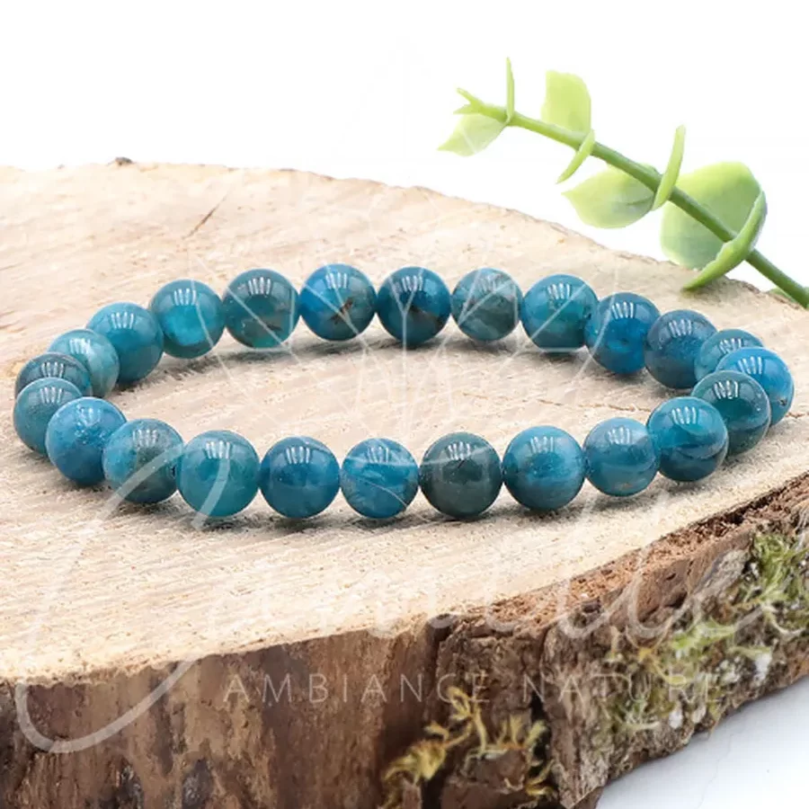 bracelet apatite bleue 08mm qualité A+ pierre naturelle de couleur bleue profond et très pure sans impuretés