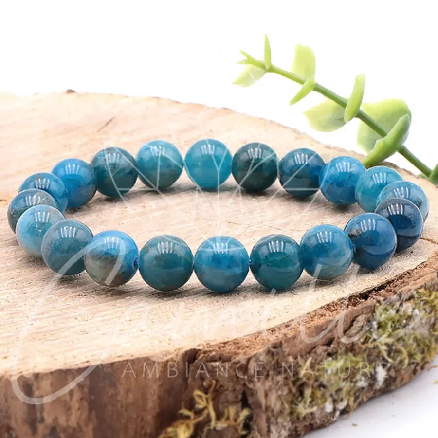 bracelet apatite bleue 10mm qualité A+ pierre naturelle de couleur bleue profond et très pure sans impuretés