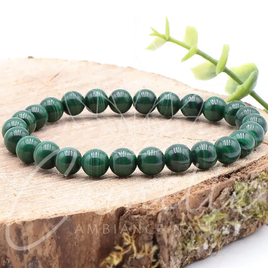 bracelet malachite 08mm qualité AA pierre naturelle verte avec des veines plus foncées et bien dessinées