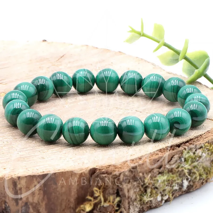 bracelet malachite 10mm qualité AA pierre naturelle verte avec des veines plus foncées et bien dessinées