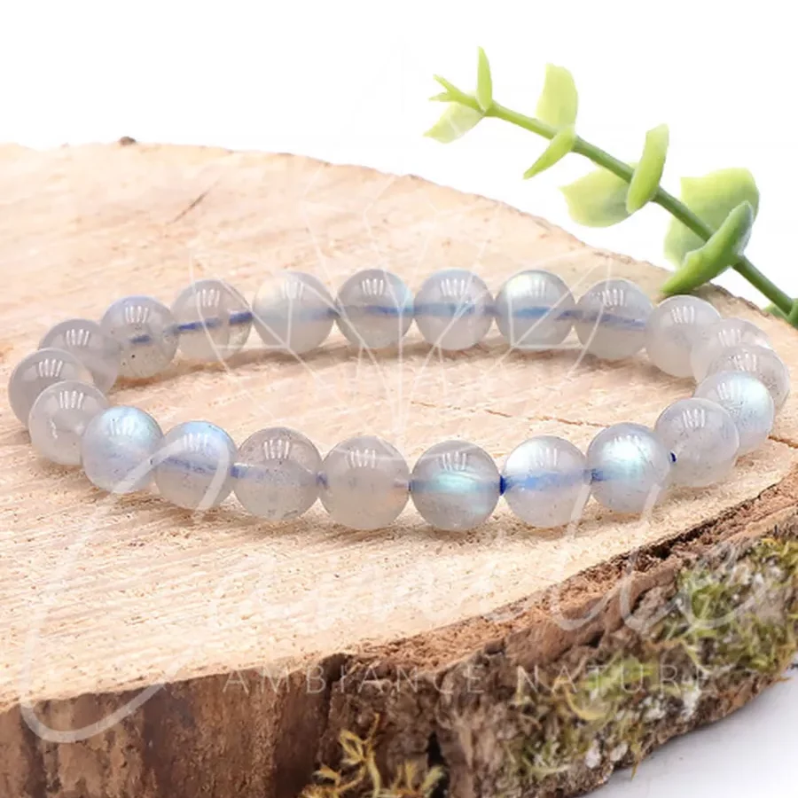 bracelet labradorite AAA de Madagascar 09mm pierre naturelle gris clair avec reflet prononcé et magnifique transparence