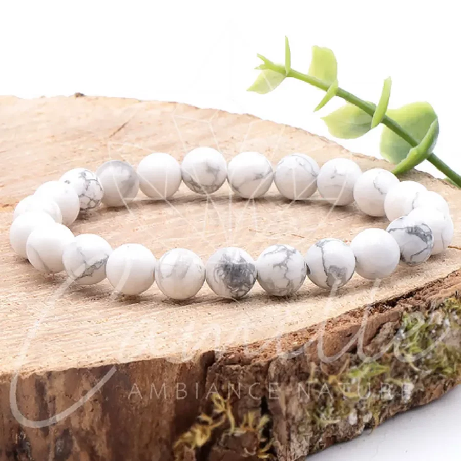 bracelet howlite 08mm qualité A pierre naturelle de couleur blanche avec nervure noire