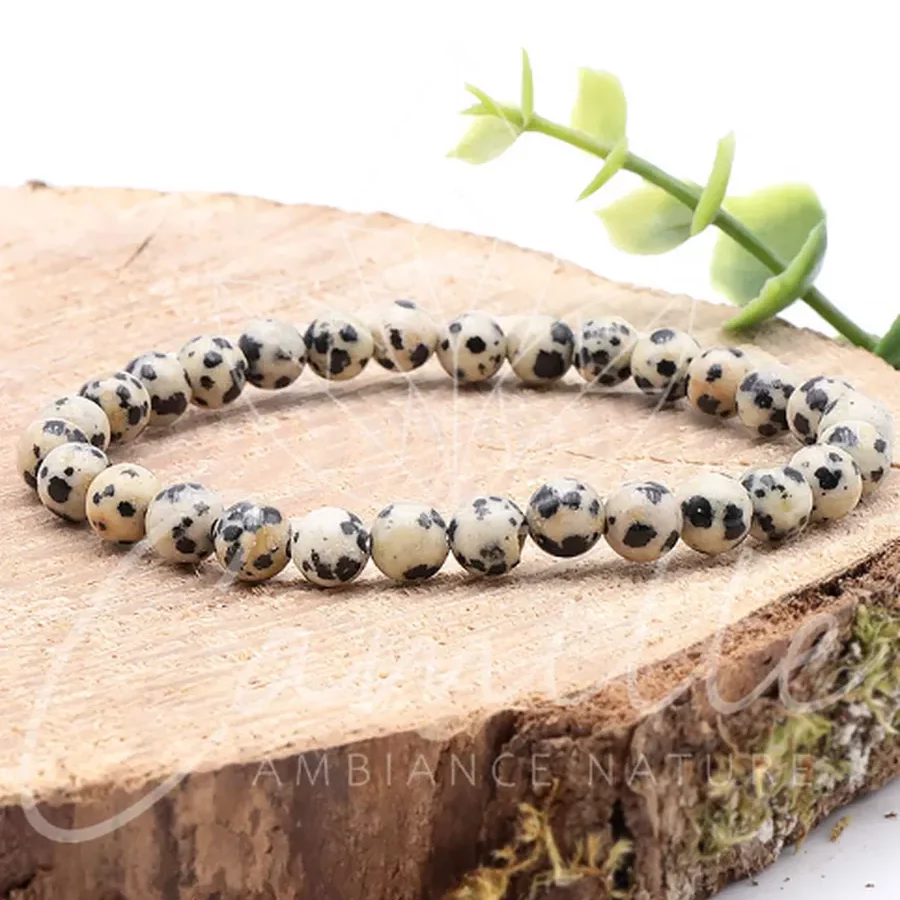 bracelet jaspe dalmatien 06mm pierre naturelle beige moucheté de noir