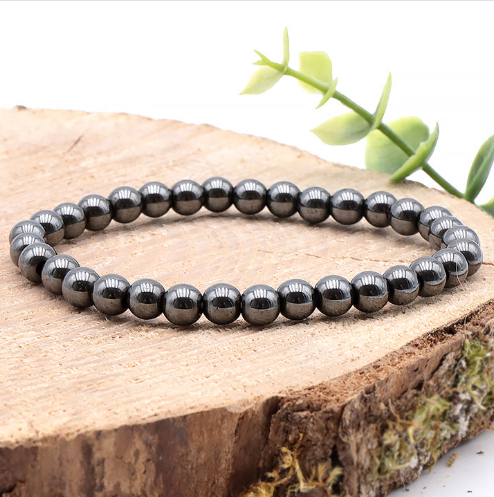 bracelet hématite avec perles 06mm noires argentées