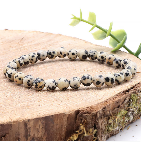 bracelet jaspe dalmatien 06mm pierre naturelle beige et moucheté de noire comme un dalmatien