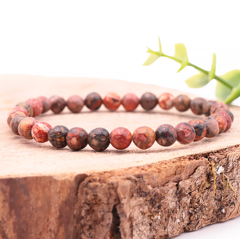 bracelet jaspe léopard 06mm pierre naturelle avec mélange de rouge marron orange qui ramène aux taches du léopard