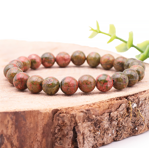 bracelet unakite 08mm pierre naturelle de couleur verte avec nuance de rouge de marron clair et foncé