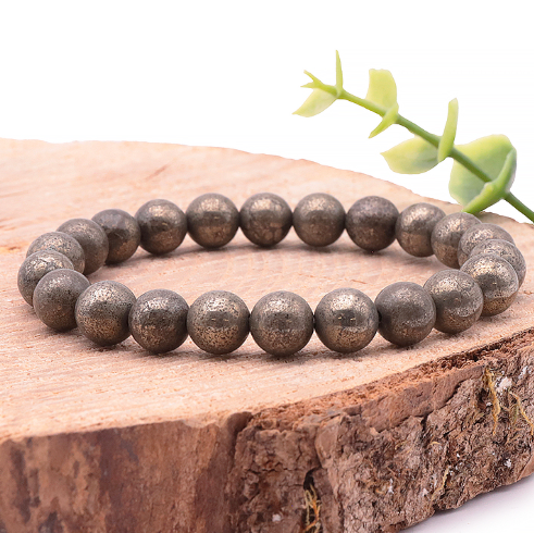 bracelet pyrite 08mm pierre naturelle doré argenté qui fait son poids