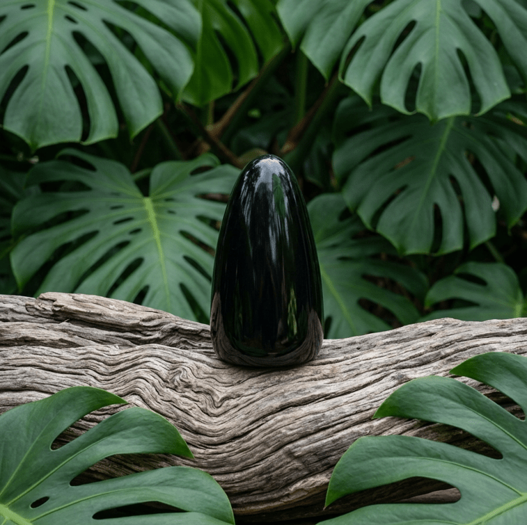 Une photo en plan moyen centrée sur un objet poli en forme d'œuf noir et lisse, debout au milieu d'un morceau de bois flotté texturé. De grandes feuilles vertes et luxuriantes entourent le bois de tous les côtés, remplissant l'arrière-plan de feuillage vert. La lumière naturelle crée des reflets sur la surface de l'objet noir poli.