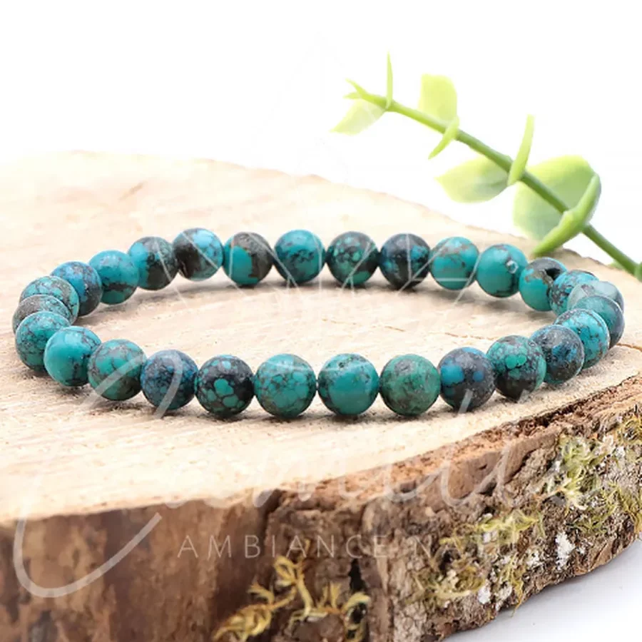 bracelet turquoise 06mm qualité aa pierre bleue turquoise avec veine noir motif unique naturelle