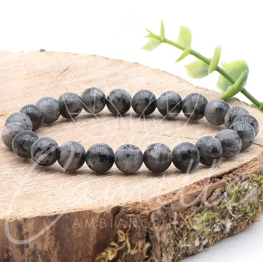 bracelet larvikite 08mm pierre naturelle grise et noire de Norvège