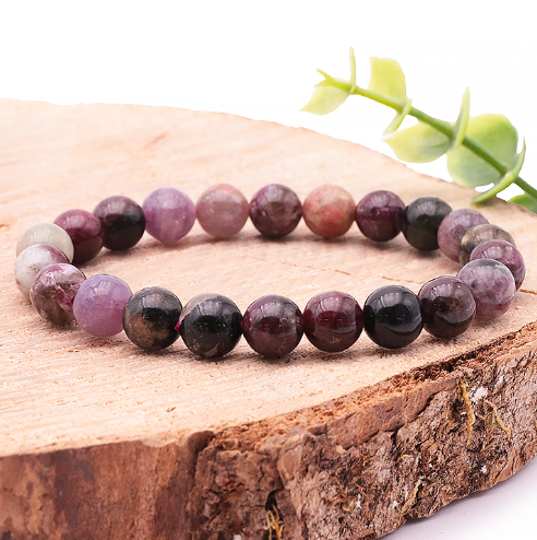 bracelet tourmaline multicolore 08mm qualité A+ pierre naturelle avec perle rose noire violette avec inclusion de blanc