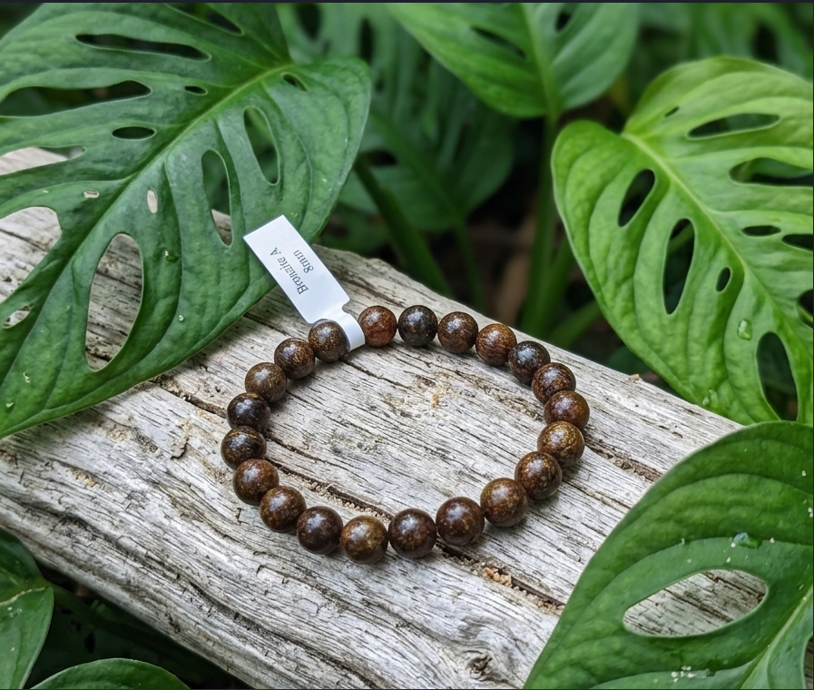 Photo d'un bracelet en perles de Bronzite 8mm posé sur un morceau de bois flotté. Le bracelet est entouré de grandes feuilles de Monstera vertes et perforées dans une ambiance végétale.