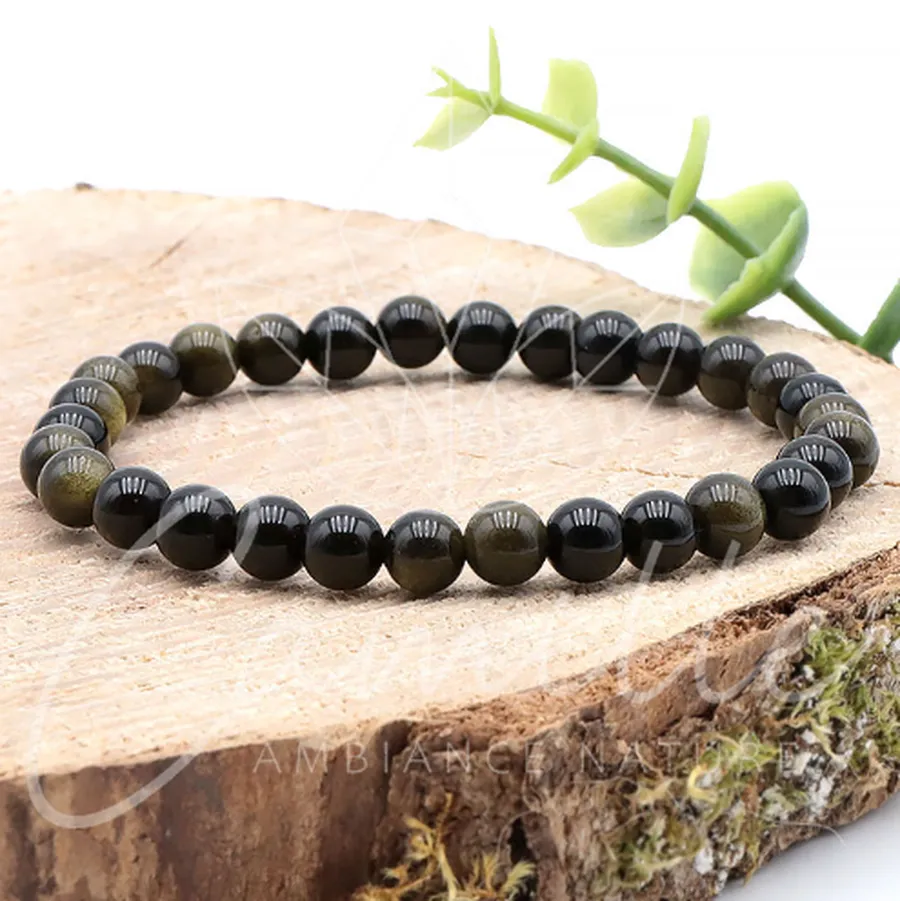 bracelet obsidienne dorée 06mm pierre naturelle 06mm du Mexique noire avec reflet dorée