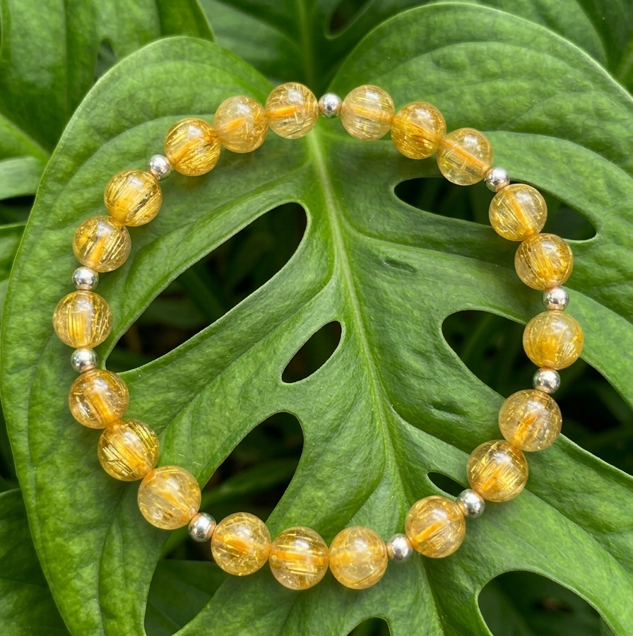 Ce bracelet se compose de perles de Cristal de Roche translucides, chacune étant traversée par de denses faisceaux de rutile doré. Ces inclusions fines ressemblent à des fils d'or ou des cheveux d'ange capturés dans le verre, créant un éclat jaune chaud et lumineux. Les perles de pierre sont alternées avec de petites billes d'argent brillant, le tout reposant sur le vert profond et découpé d'une feuille de Monstera.