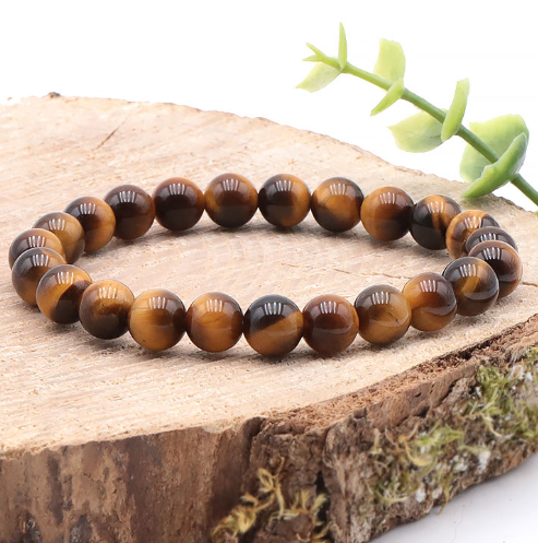 bracelet oeil de tigre 08mm qualité AA pierre naturelle marron foncé allant vers le marron clair puis dorée