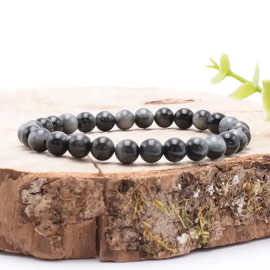 bracelet tourmaline oeil de chat 06mm pierre naturelle d'Afrique du sud noire avec reflet blanc