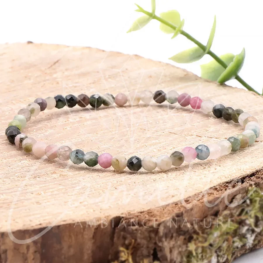 bracelet tourmaline multicolore facetté 04mm pierre naturelle du Brésil au couleur multiple de rose de noir de vert