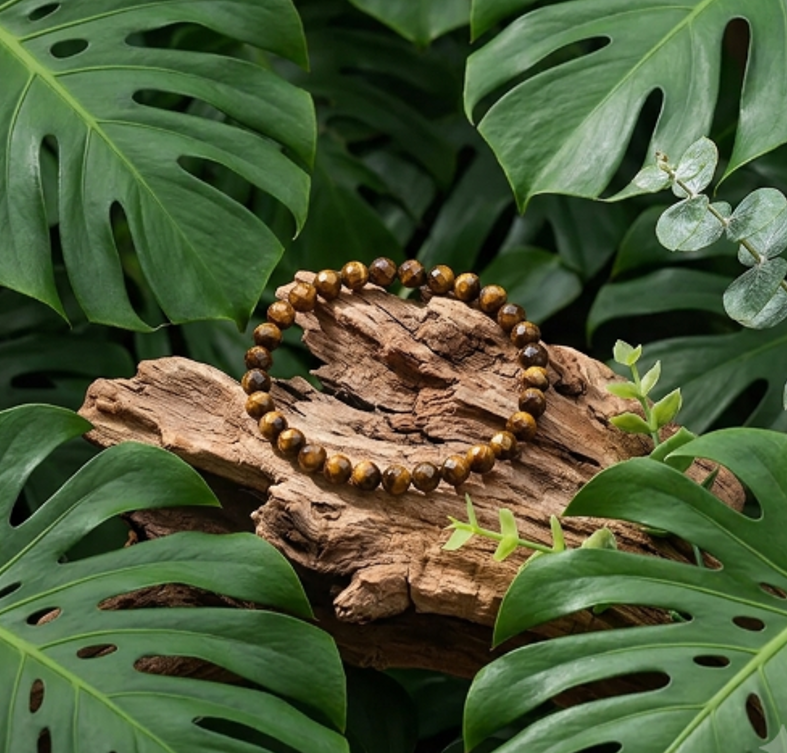 Un bracelet composé de petites perles rondes facetté en œil de tigre, aux reflets marron et dorés, est posé sur un morceau de bois brut et texturé. Le morceau de bois est installé au centre d'un arrière-plan dense, entouré de grandes feuilles de Monstera d'un vert profond. L'ensemble offre un contraste chaleureux entre les tons dorés des pierres, l'aspect rustique du bois et la fraîcheur du décor végétal.