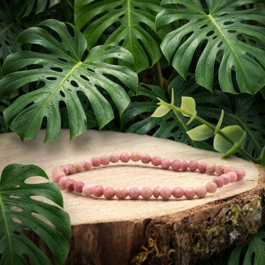 Un bracelet composé de perles rondes facettées de couleur rose tendre est posé en cercle sur une tranche de bois rustique. Il est entouré d'un arrière-plan dense et luxuriant formé de grandes feuilles de Monstera vert vif, avec leurs perforations et coupures caractéristiques. Sur la droite, une branche d'eucalyptus artificielle vert pâle complète le décor végétal.