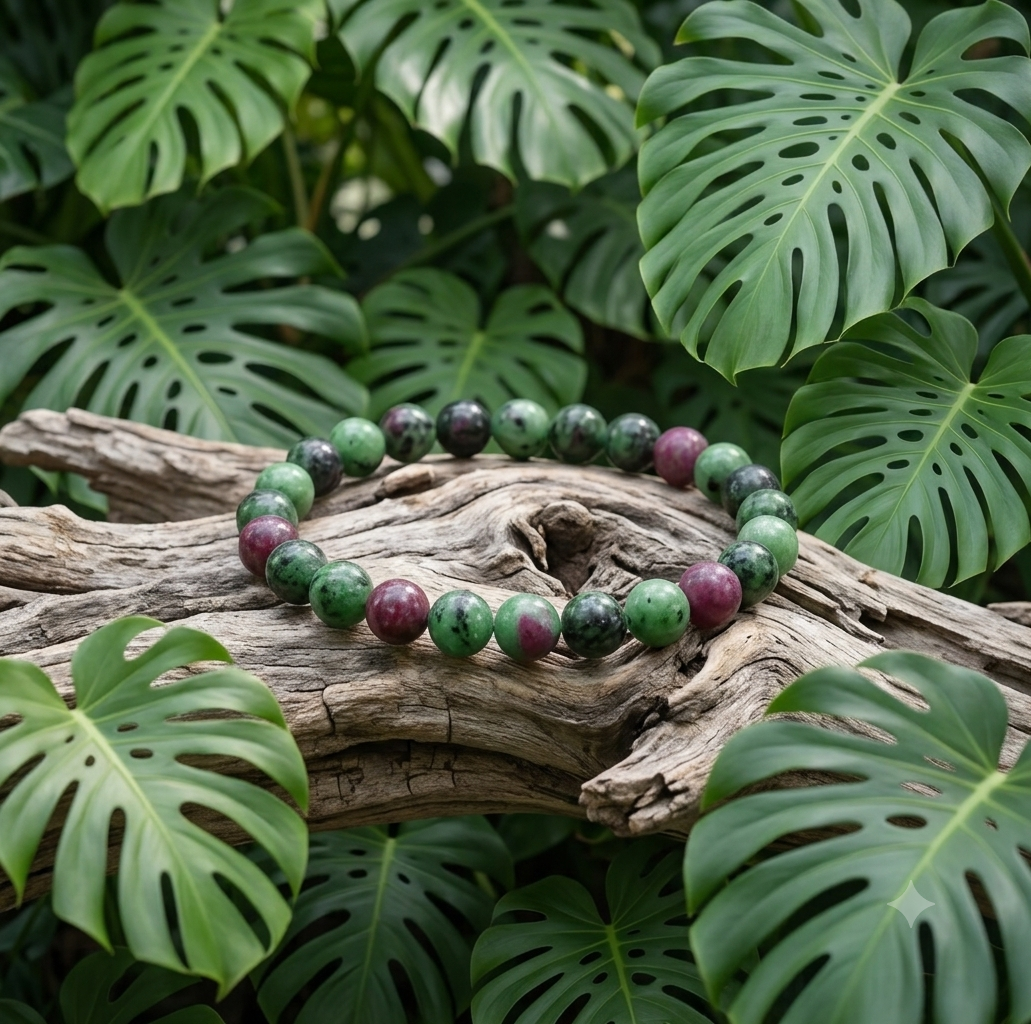Un bracelet en Rubis Zoïsite (vert et rose-pourpre) est posé sur du bois flotté. Le fond est composé de grandes feuilles de Monstera vertes perforées. Du texte descriptif apparaît en bas à droite de l'image.