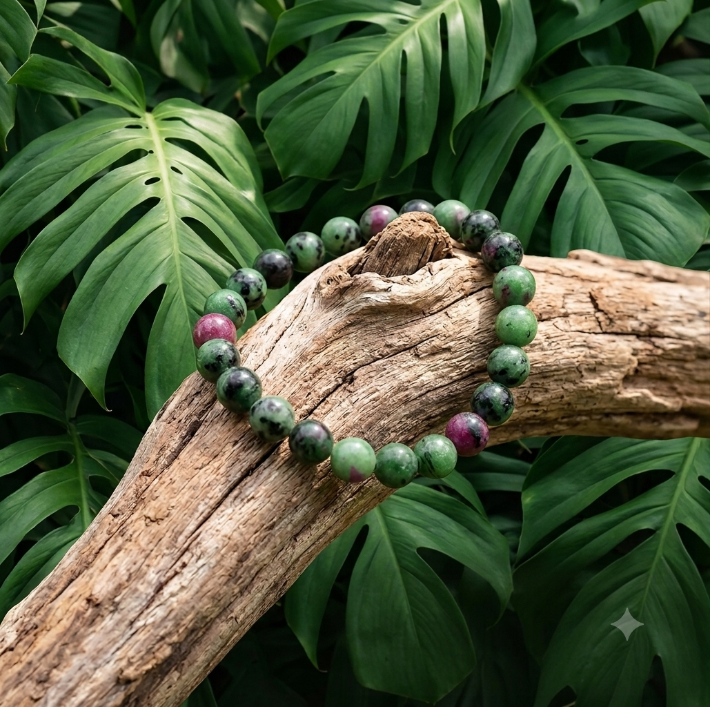 Un bracelet en Rubis Zoïsite (vert et rose-pourpre) est posé sur du bois flotté. Le fond est composé de grandes feuilles de Monstera vertes perforées. Du texte descriptif apparaît en bas à droite de l'image.