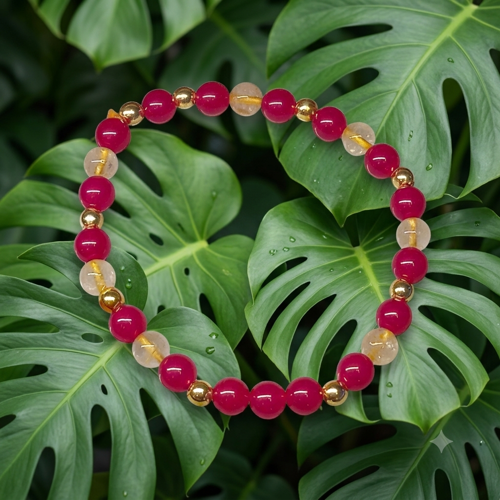 Ce bracelet élastique est composé de billes en pierres naturelles de deux types : Le premier type est la pierre de rubis rutile, d'une couleur magenta très intense et vive. Ces perles sont lisses et de forme ronde. Le deuxième type est la pierre de quartz rutile de couleur transparente avec des reflets et des teintes jaune d'or. Ces perles sont lisses et de forme ronde. Ces perles sont enfilées sur un fil élastique, qui permet d'ajuster le bracelet à la taille du poignet. Ce bracelet est parfait pour ceux qui recherchent un bijou naturel et coloré.