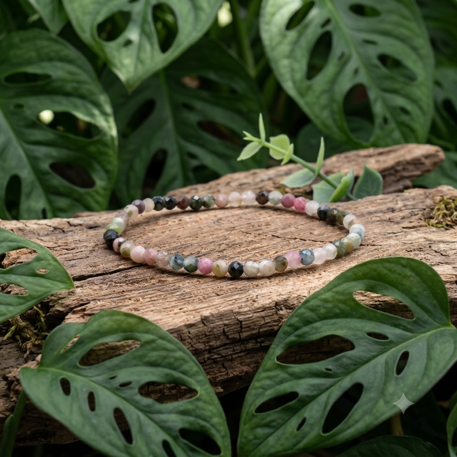 Une bracelet perlé repose au centre d'un fond d'images composé de grandes feuilles Monstera de formes géométriques variées. Les perles multicolores, allant du rose pâle au bleu océan en passant par le vert foncé, attirent l'attention sur l'objet. Une fine branche de bois entoure le bracelet, ajoutant une touche naturelle à l'ensemble.