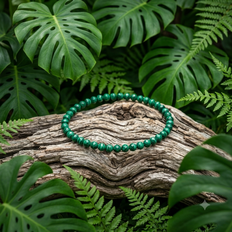 Un bracelet de perles rondes vert intense facettées, avec des veines plus claires, repose sur un socle en bois brut et texturé. L'ensemble est entouré d'une végétation luxuriante composée de grandes feuilles de monstera et de fougères, le tout baigné d'une lumière naturelle.