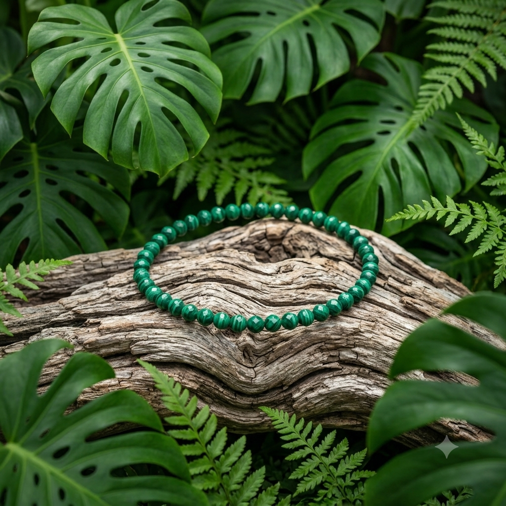 Un bracelet de perles rondes vert intense facettées, avec des veines plus claires, repose sur un socle en bois brut et texturé. L'ensemble est entouré d'une végétation luxuriante composée de grandes feuilles de monstera et de fougères, le tout baigné d'une lumière naturelle.