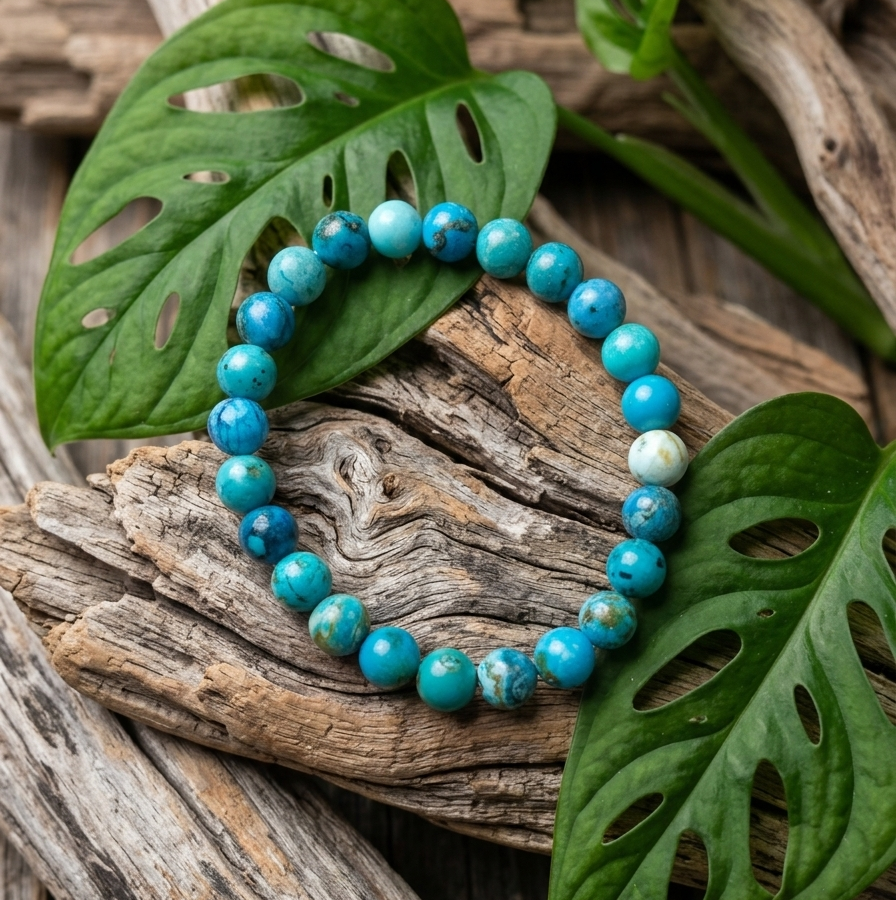 Un bracelet de perles rondes en turquoise, aux nuances bleues et vertes marbrées de brun, repose sur des morceaux de bois flotté gris et texturés. Deux grandes feuilles vert foncé de Monstera, perforées naturellement, encadrent le bijou sous une lumière naturelle.