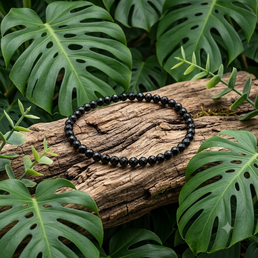 Un bracelet de perles rondes en spinelle noire, d'un éclat brillant et lisse, est délicatement posé sur un support en bois texturé et rustique. Il est entouré d'une végétation luxuriante composée de grandes feuilles de Monstera vert foncé, avec quelques petites branches d'eucalyptus émergeant discrètement. L'ensemble est mis en valeur par une lumière douce et naturelle, qui fait ressortir la beauté des matériaux et crée une ambiance apaisante.