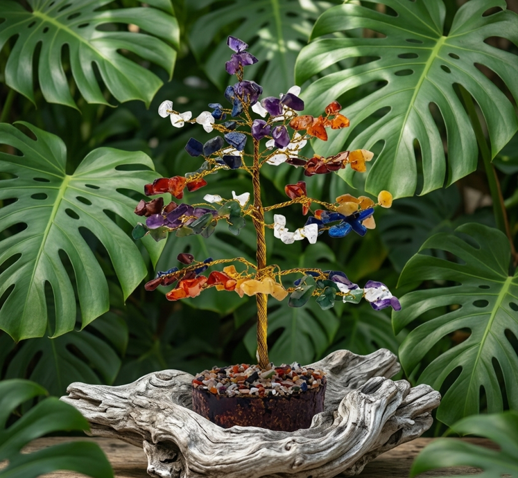 Un arbre de vie miniature, fait de fils de cuivre torsadés et de petites pierres semi-précieuses multicolores (violettes, bleues, vertes, jaunes, rouges et transparentes), est posé au centre. La base cylindrique de cet arbre est nichée au creux d'un morceau de bois flotté gris clair, sculpté par le temps, aux formes sinueuses et texturées. L'ensemble repose sur une table en bois brut. En arrière-plan, un mur végétal dense composé de grandes feuilles vertes et découpées de Monstera enveloppe la scène dans une atmosphère naturelle et apaisante.