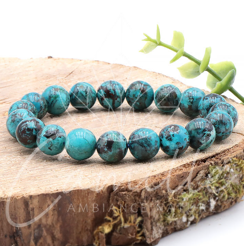 bracelet pierre chrysocolle 10mm qualité AAA pierre naturelle du Congo bleu vert turquoise sans inclusion d'une pureté remarquable