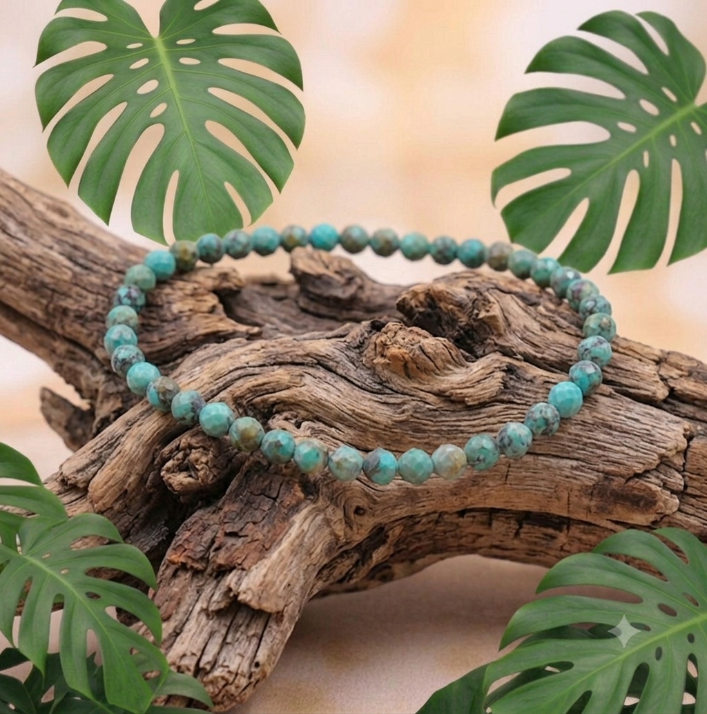 Un bracelet de perles rondes facettées en turquoise est posé sur un morceau de bois flotté texturé et vieilli. L'arrière-plan est décoré de grandes feuilles de Monstera vert vif. La perspective est un plan moyen légèrement en plongée avec un éclairage naturel doux.