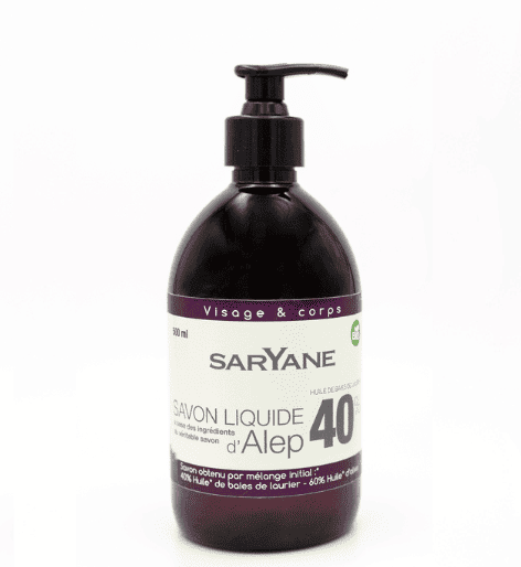 Savon Alep liquide 40% conditionné en bouteille de 500ml avec une pompe pour faciliter et économiser le savon 100% naturelle avec des huiles de qualité alimentaire et bio