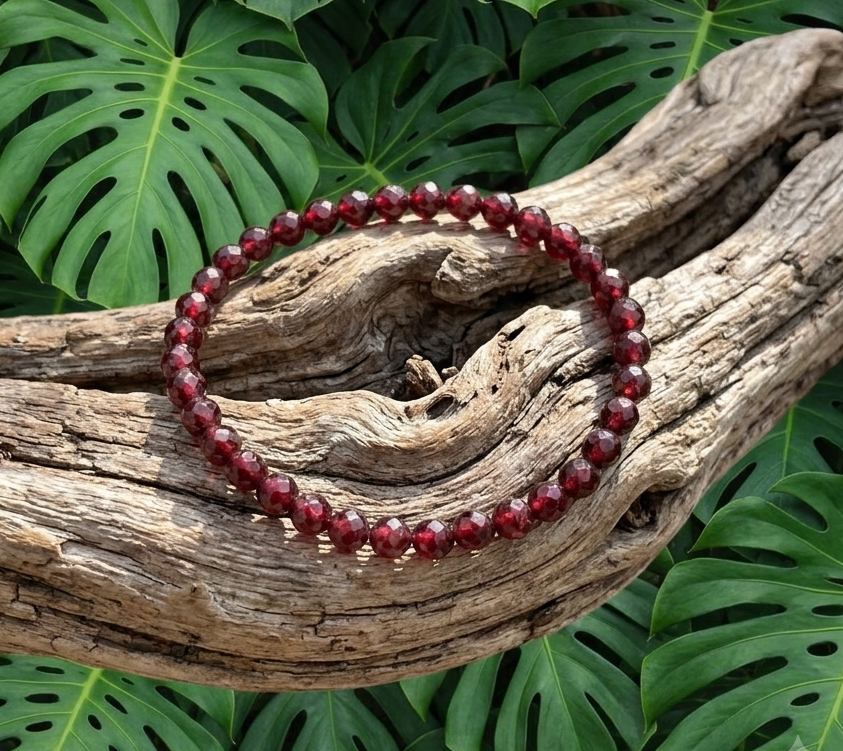Un bracelet fin composé de petites perles de grenat rouge foncé et facettées est délicatement posé sur une branche de bois flotté texturée et sinueuse. En arrière-plan, un feuillage dense de grandes feuilles de monstera vert vif apporte une ambiance naturelle et tropicale à l'ensemble. La lumière met en valeur l'éclat géométrique des perles rouges qui contrastent avec les tons bruns du bois et le vert des plantes.