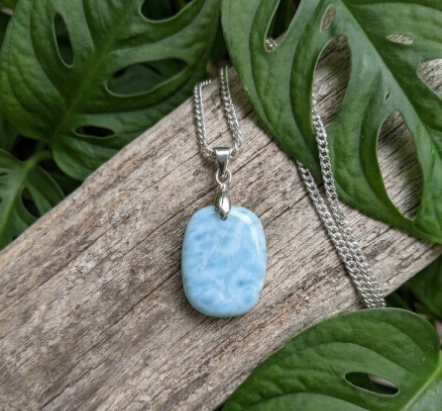 Pendentif en Larimar bleu ciel nervuré de blanc, suspendu à une fine chaîne argentée sur une branche de bois flotté. Le tout est encadré par des feuilles de Monstera vert profond aux découpes caractéristiques. L'image dégage une atmosphère naturelle, marine et apaisante.