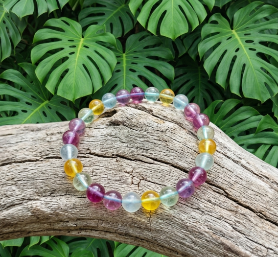 bracelet en perles de pierres naturelles translucides (violettes, jaunes et bleues) posé à plat sur une grosse branche de bois flotté gris et texturé. Ce bois traverse horizontalement le centre de l'image, mettant en valeur les couleurs délicates du bijou. L'arrière-plan est entièrement composé d'un feuillage dense de Monstera aux grandes feuilles d'un vert vif et découpées.